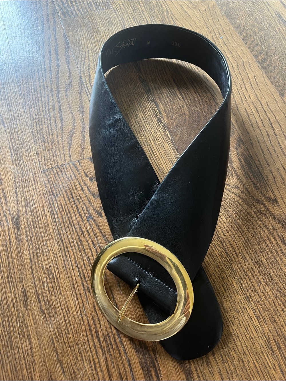 Jill Stuart vintage M Black Leather Belt with Gold Round Buckle
